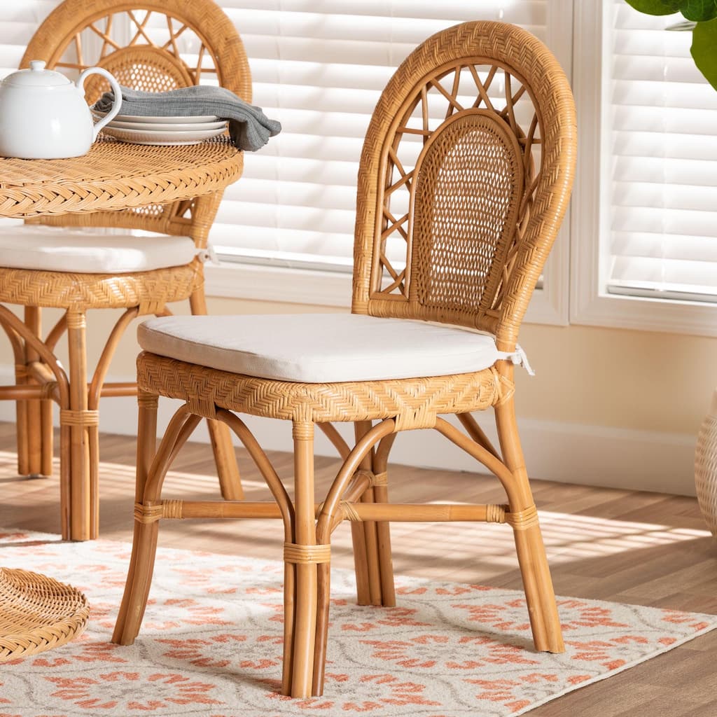 Adam Natural Rattan Dining Chair with Curved Backrest and Removable Cushion - Handwoven Wicker Accent Chair for Dining Room