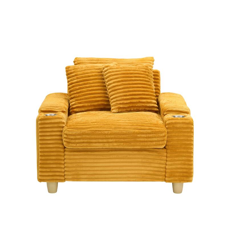 Corduroy Accent Chair & Storage Ottoman Set of 2, Single Sofa Armchair Lounge Chair with Pillows & Cup Holders