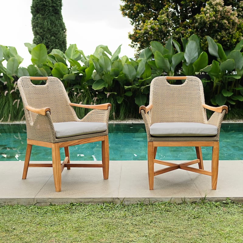Cambridge Casual Sydney 2-piece Teak Wood Outdoor Dining Armchair - Natural Teak / Honey Brown Wicker