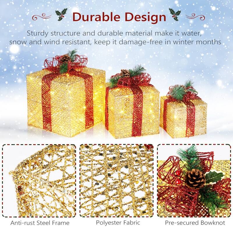 3pcs LED Golden Gift Box Decoration - Gold