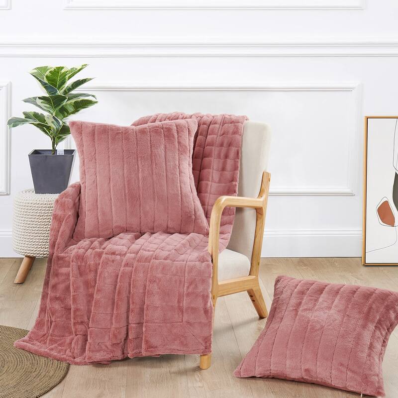FakeFur Throw & 2 Pillow Shell Combo Set - 60" x 80" - ash rose