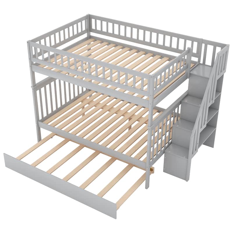 Full Over Full Bunk Bed with Trundle, Wooden Bunk Bed Frame with Storage Staircase & Guardrails, Convertible to Separate Beds