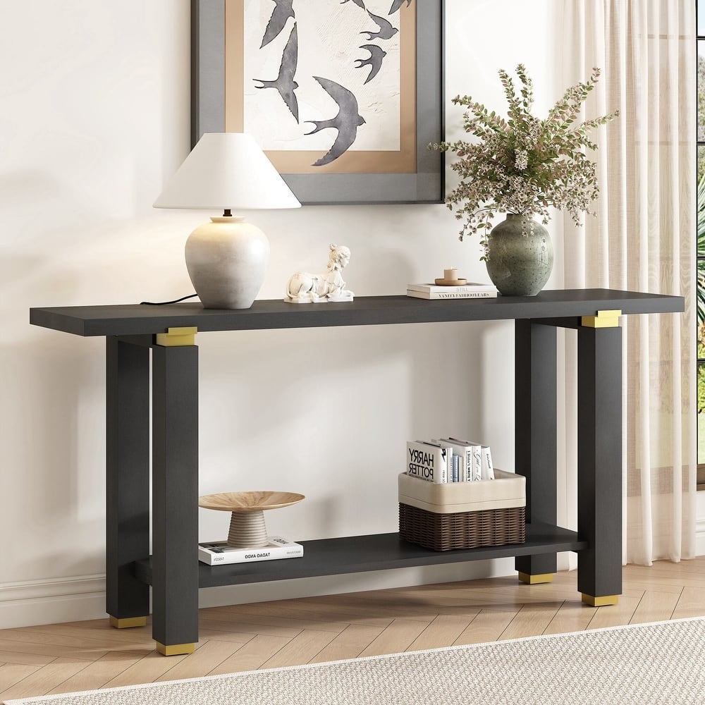 Modern Minimalist Console Table, Solid Wood Entryway Sofa Table with Metal Accents, Built-in Shelf, for Living Room, Hallway