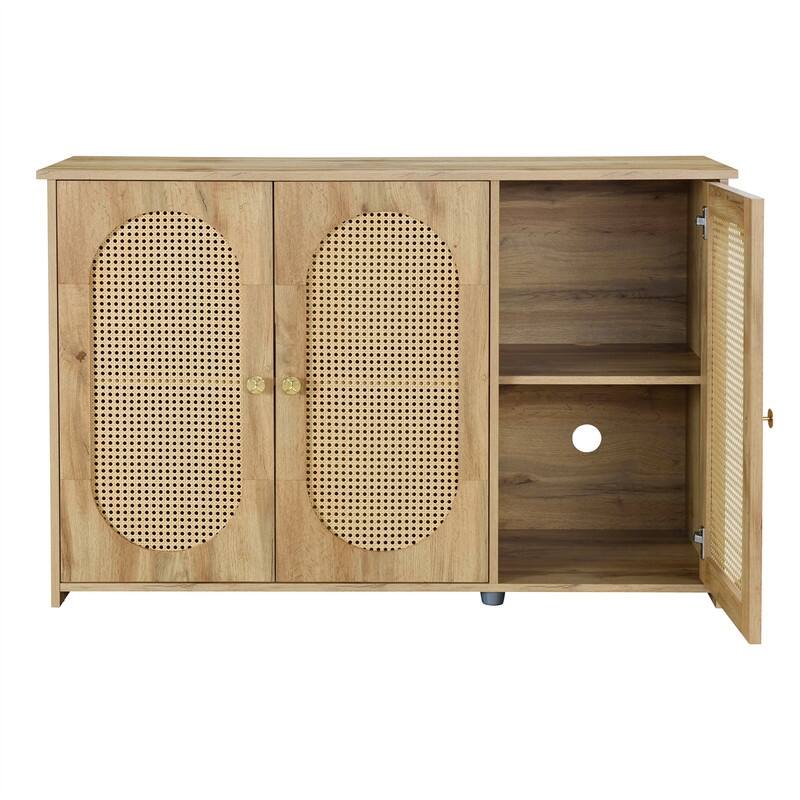 Retro 3-Door Sideboard with PVC Rattan Doors and Metal Handles, Buffet Cabinet Accent Storage Cabinet with Storage Shelves