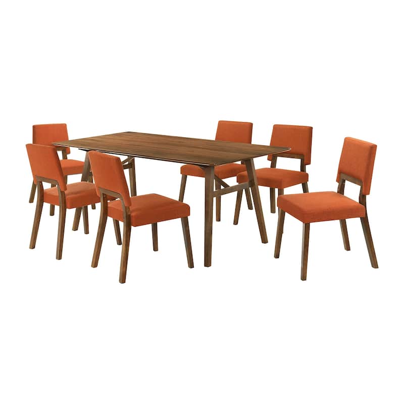 Yumi 7 Piece Dining Table Set with 6 Chairs, Orange Fabric, Wood Brown - Orange, Brown