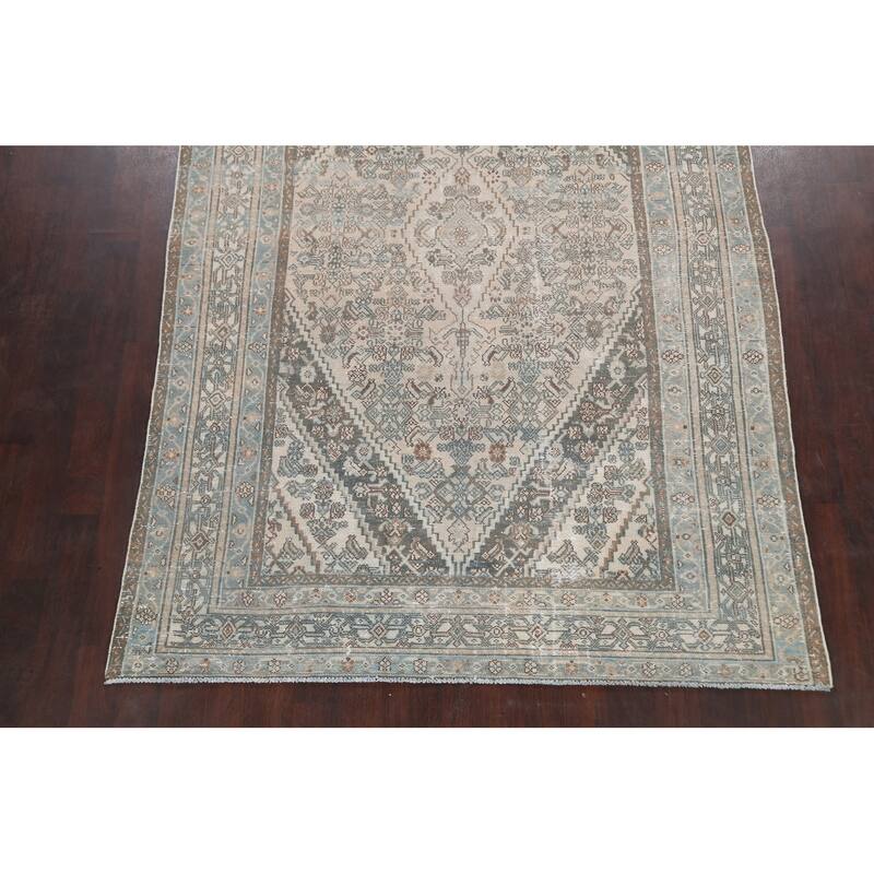 Distressed Geometric Hamedan Persian Area Rug Wool Handmade Carpet - 6'8" x 9'11"