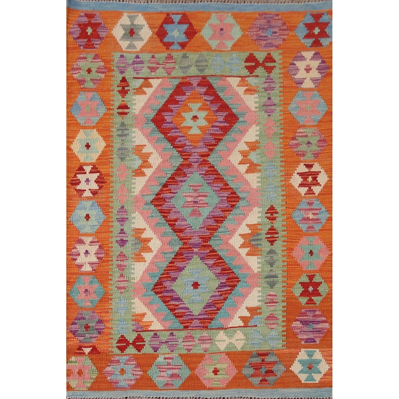 Geometric Kilim Area Rug Reversible Flatweave Wool Carpet - 3'4"x 4'10"