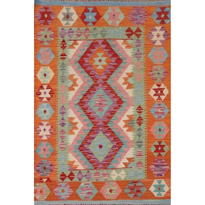 Geometric Kilim Area Rug Reversible Flatweave Wool Carpet - 3'4"x 4'10"
