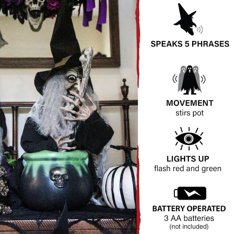 Haunted Hill Farm 1.6-ft. Animated Witch, Indoor/Covered Outdoor Halloween Decoration, Red/Green LED Eyes, Evanora