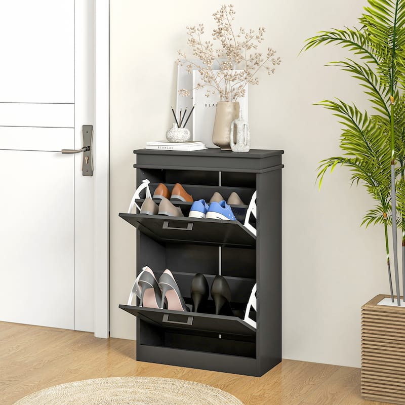 HOMCOM Shoe Cabinet for Entryway, Narrow Shoe Rack Storage Organizer with 2 Flip Drawers and Adjustable Shelves