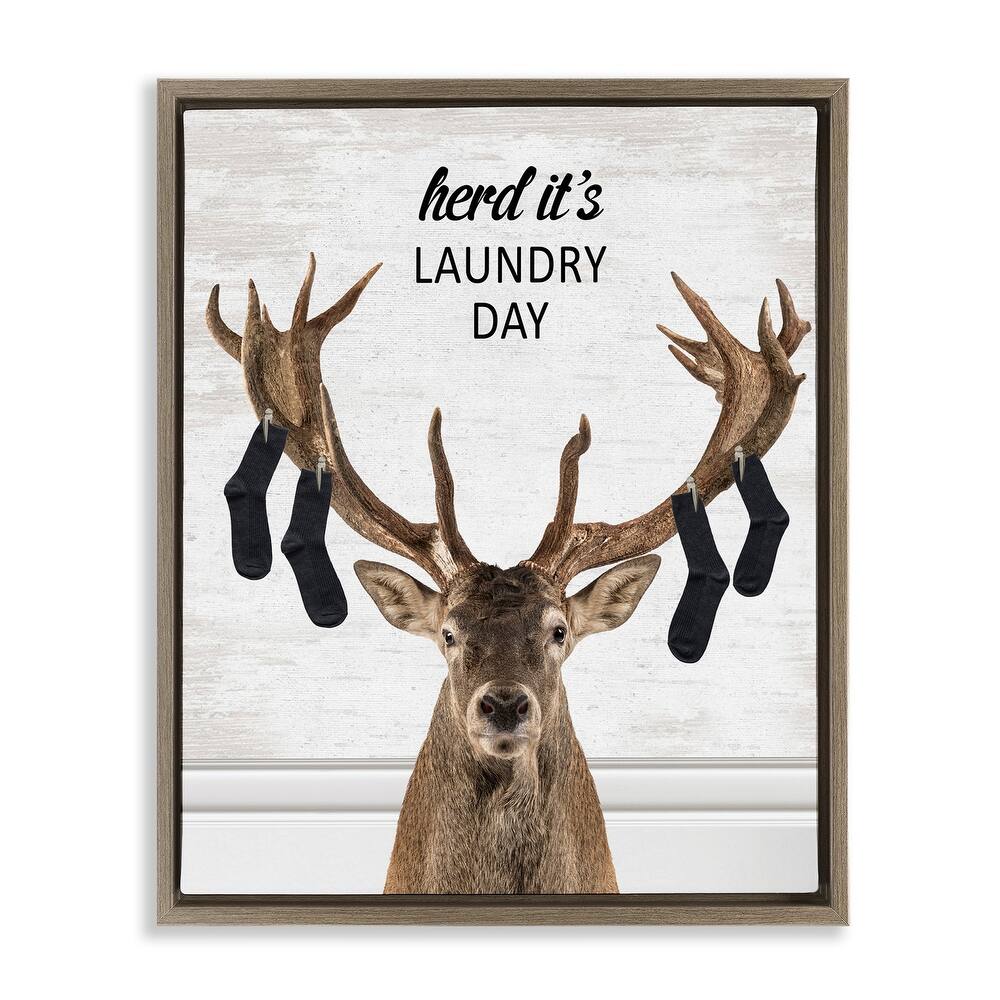 Stupell Laundry Elk with Hanging Socks Framed Floater Canvas Wall Art Design By Lettered and Lined