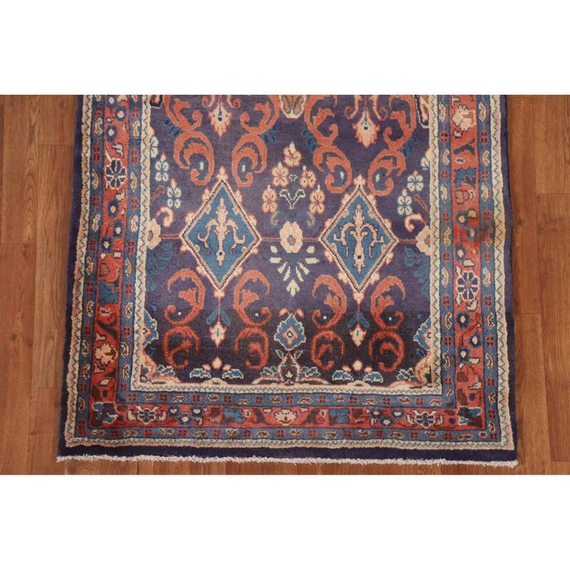 Hand Knotted Oriental 100% Wool Carpet Traditional Geometric Navy Blue & Blues Mahal Runner Rug - 10' 8'' X 3' 5''
