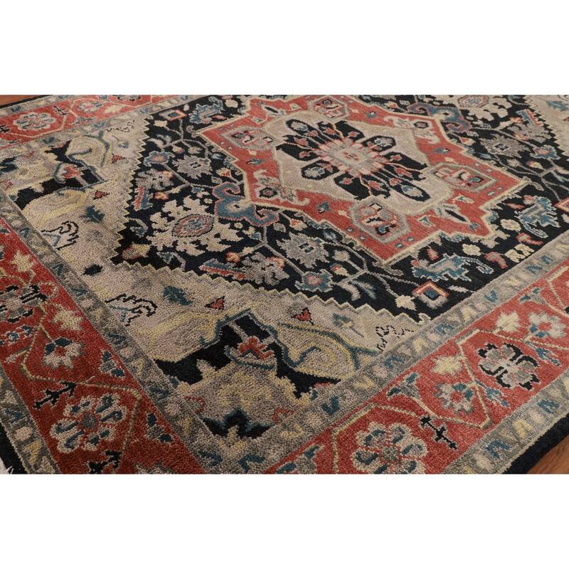 Black Geometric Heriz Serapi Indian Area Rug Hand-Knotted Wool Carpet - 7'11" x 9'9"
