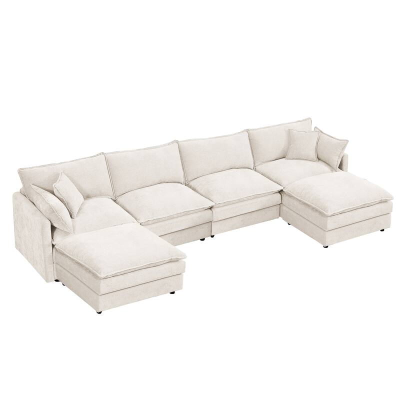 U Shaped Modular Sectional Sofa with Movable Ottoman, Comfy Chenille 4-Seater Cloud Couch, High-Resiliency Foam Deep Seat Sofa