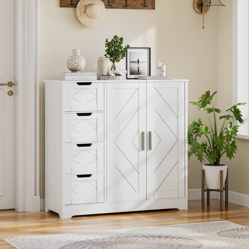 VECELO Wooden Bathroom Floor Cabinet, Side Storage Organizer Cabinet with 4 Drawers Freestanding Entryway Storage Unit