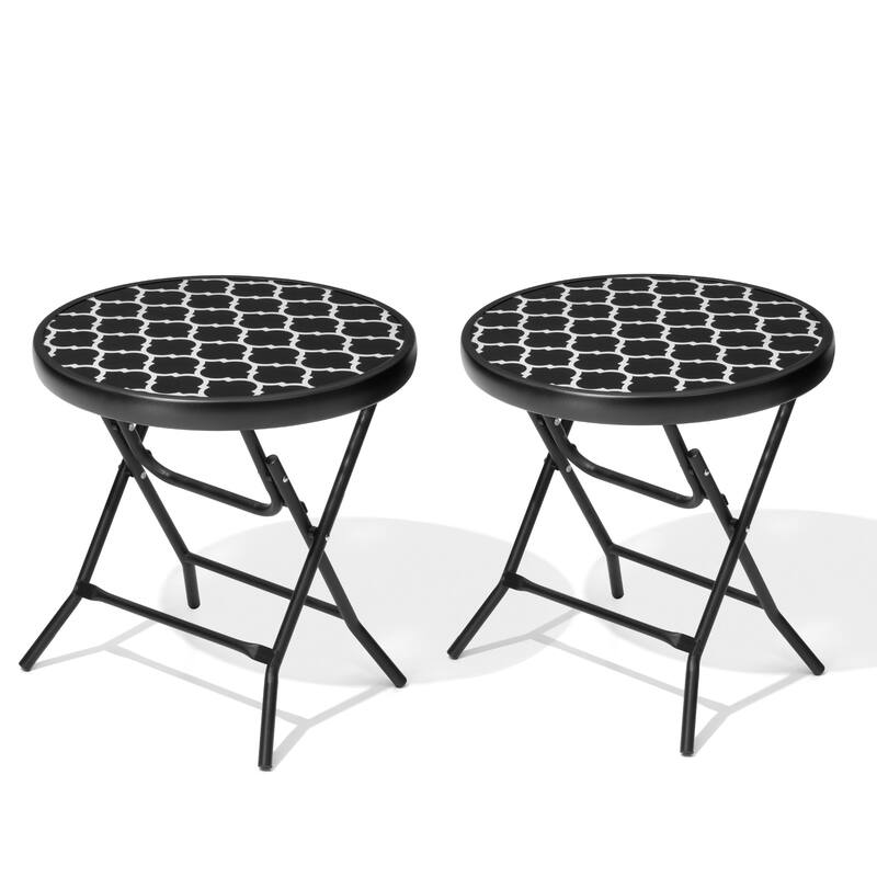 Outdoor Folding Tempered Glass Side Table Patio Bistro Coffee Table - 2PCS - Black&White