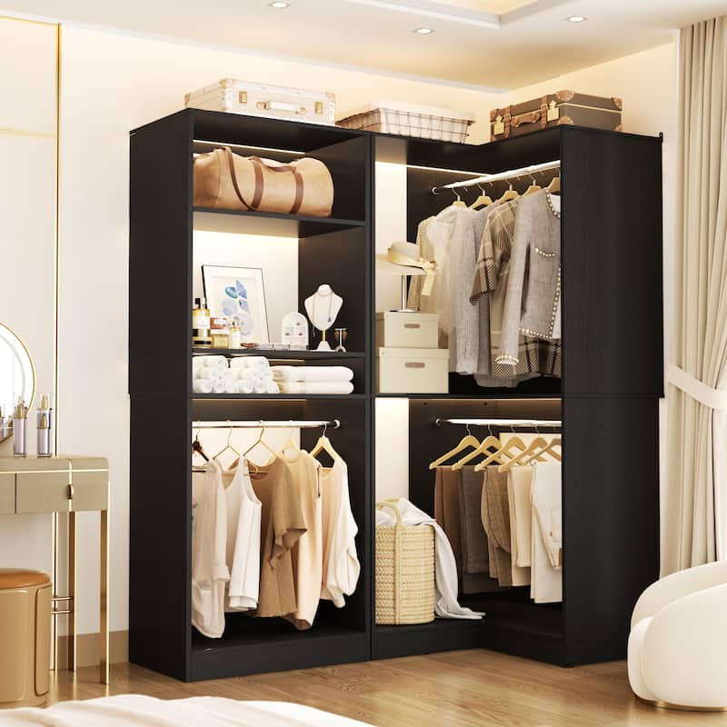 Cimly Set of 2 Corner Closet System, Freestanding Closet Organizer with Hanging Rods for Walk-in Closet - Black