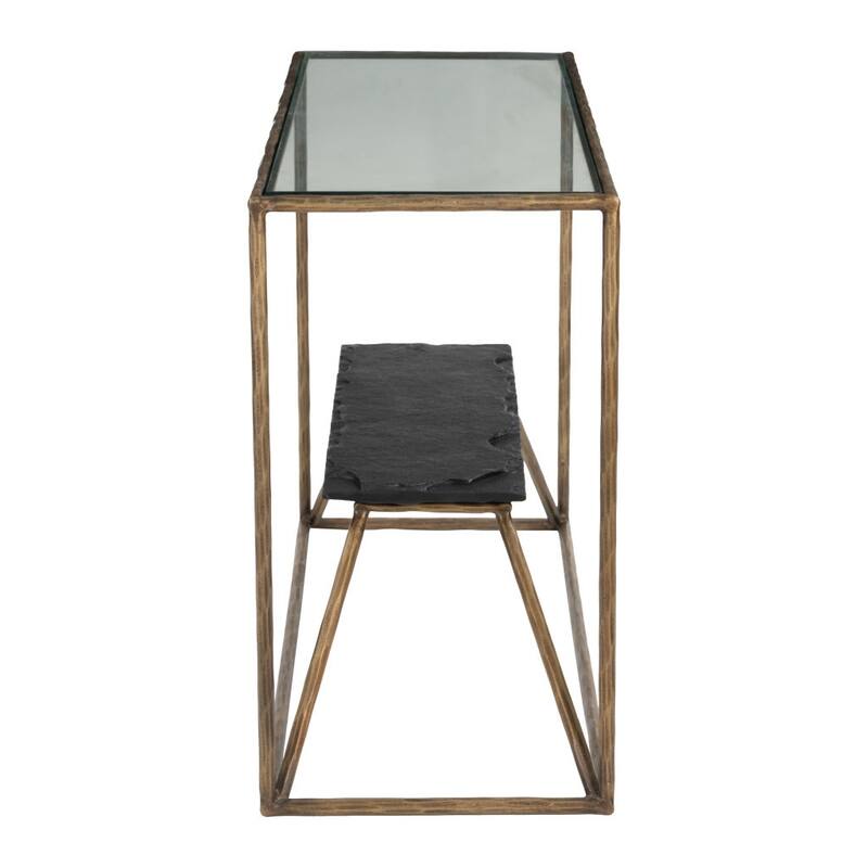 HomeRoots 48" Clear and Brass Glass Iron and Stone Frame Console Table With Shelf - 48.00 in. x 29.90 in. x 17.00 in.