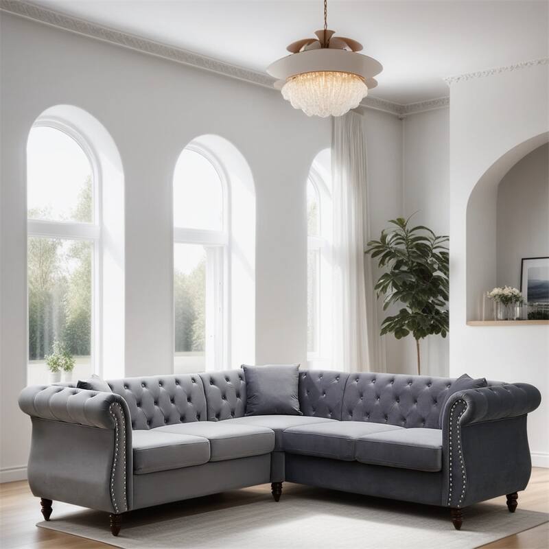 5-Seater Velvet L-Shaped Sectional Sofa with 3 Pillows and Wood Frame