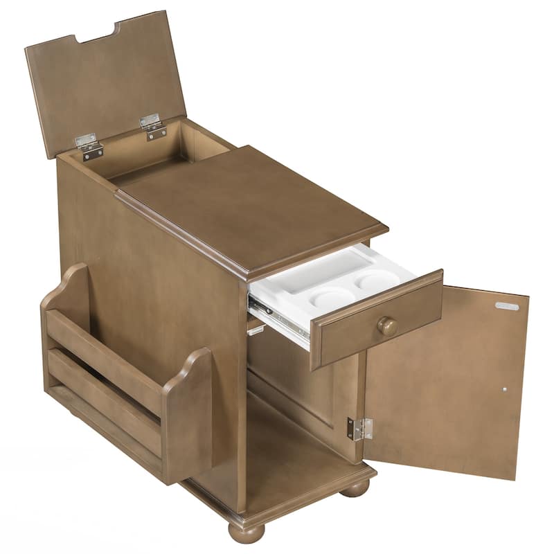 End Table Flip Top Side Table with USB Ports, One Multifunctional Drawer with cup holders, Sofa Couch Table with Bookshelf