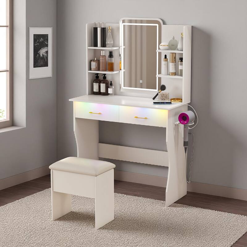 KISRAIS 35.4" Fashion Vanity Desk with Mirror and Lights, Cushioned Stool, Power Station, and Hair dryer bracket