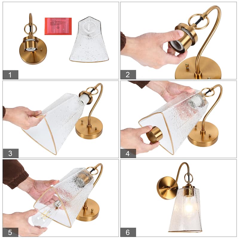 Modern 1-Light Gold Wall Sconce Glass Bathroom Vanity Lights - Brass