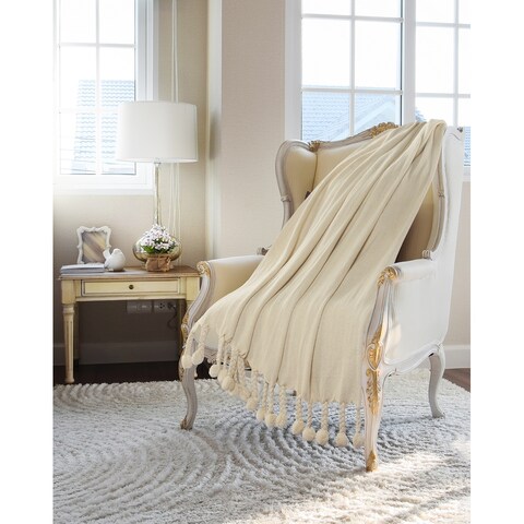 Cream Embroidered Chevron with Braided Fringe Throw Blanket