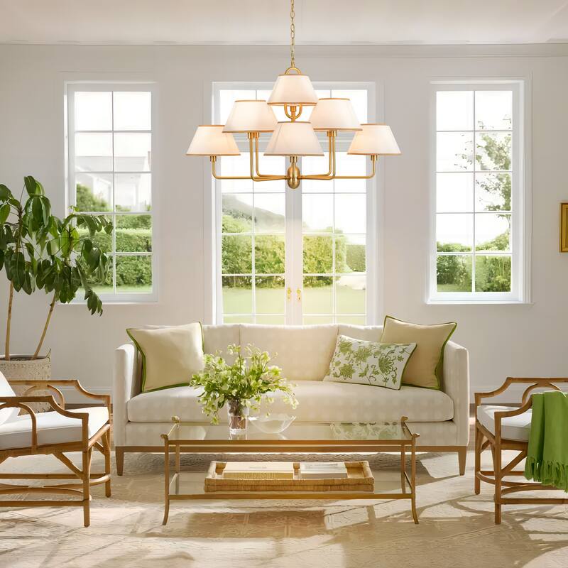 Rennnsan 9-Light Vintage Gold Linen Shade Chandelier for Dining & Living Spaces - 47.3 in. W x 25 in. H