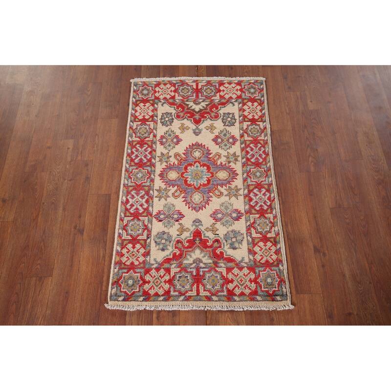 Geometric Kazak Oriental Foyer Rug Handmade Traditional Wool Carpet - 1'10" x 3'2"