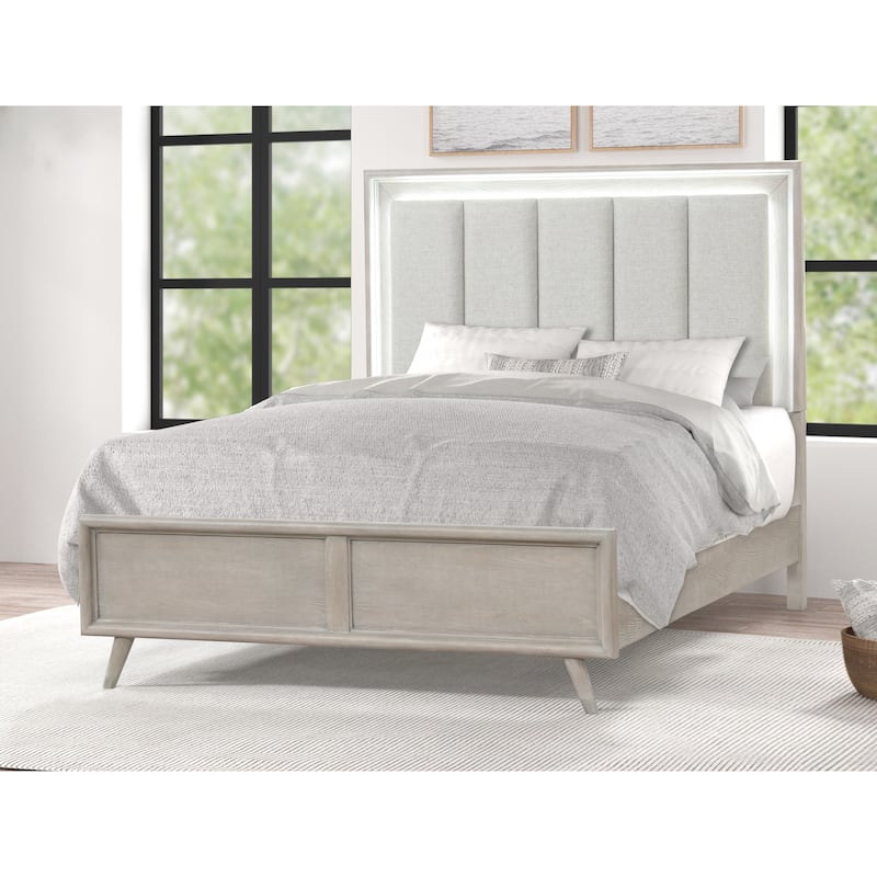 Roundhill Furniture Seluna LED Lighting Panel Bed, Upholstered Headbord, Gray Oak Finish - Queen