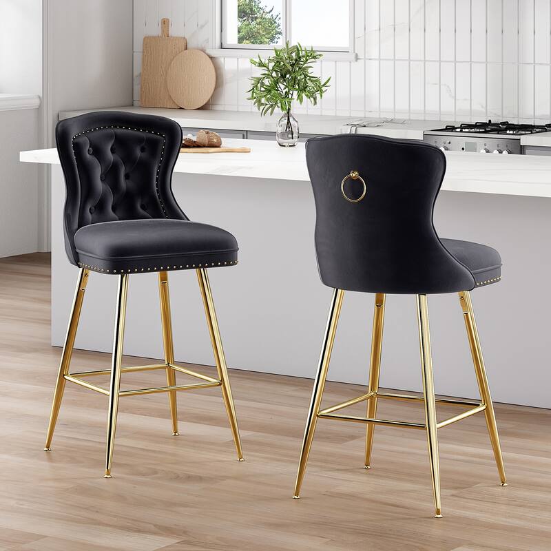 Bar Stools Set of 2, Velvet Counter Height Bar Stools with Metal Legs, Button Tufted and Nailheads Trim