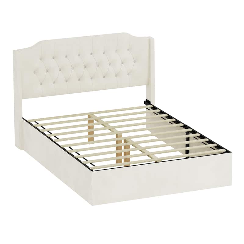 Queen Size Tufted Upholstered Bed Frame with Wingback Headboard and Under-Bed Storage Space