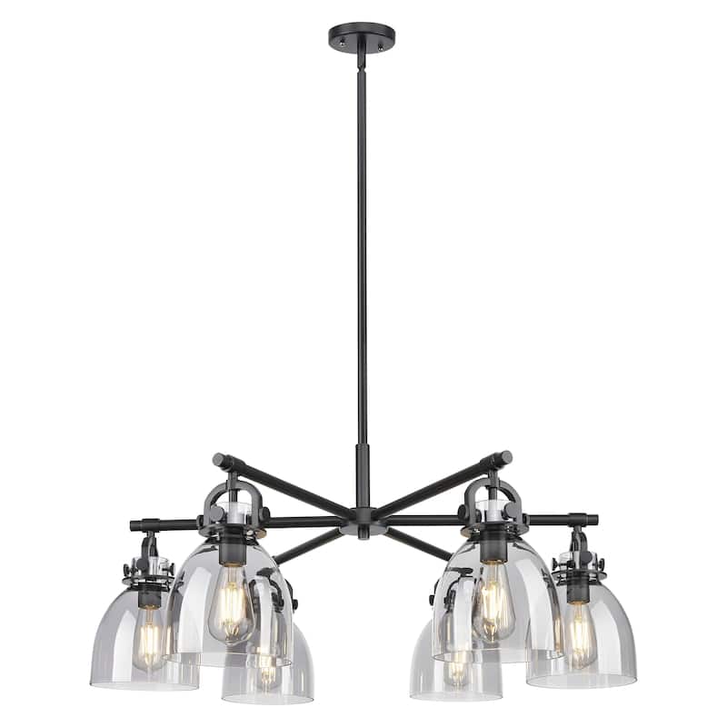 Innovations Lighting Downtown Urban - Newton Bell - 6 Light 26" Stem Hung Arched-Frame Chandelier - Matte Black/Light Smoke