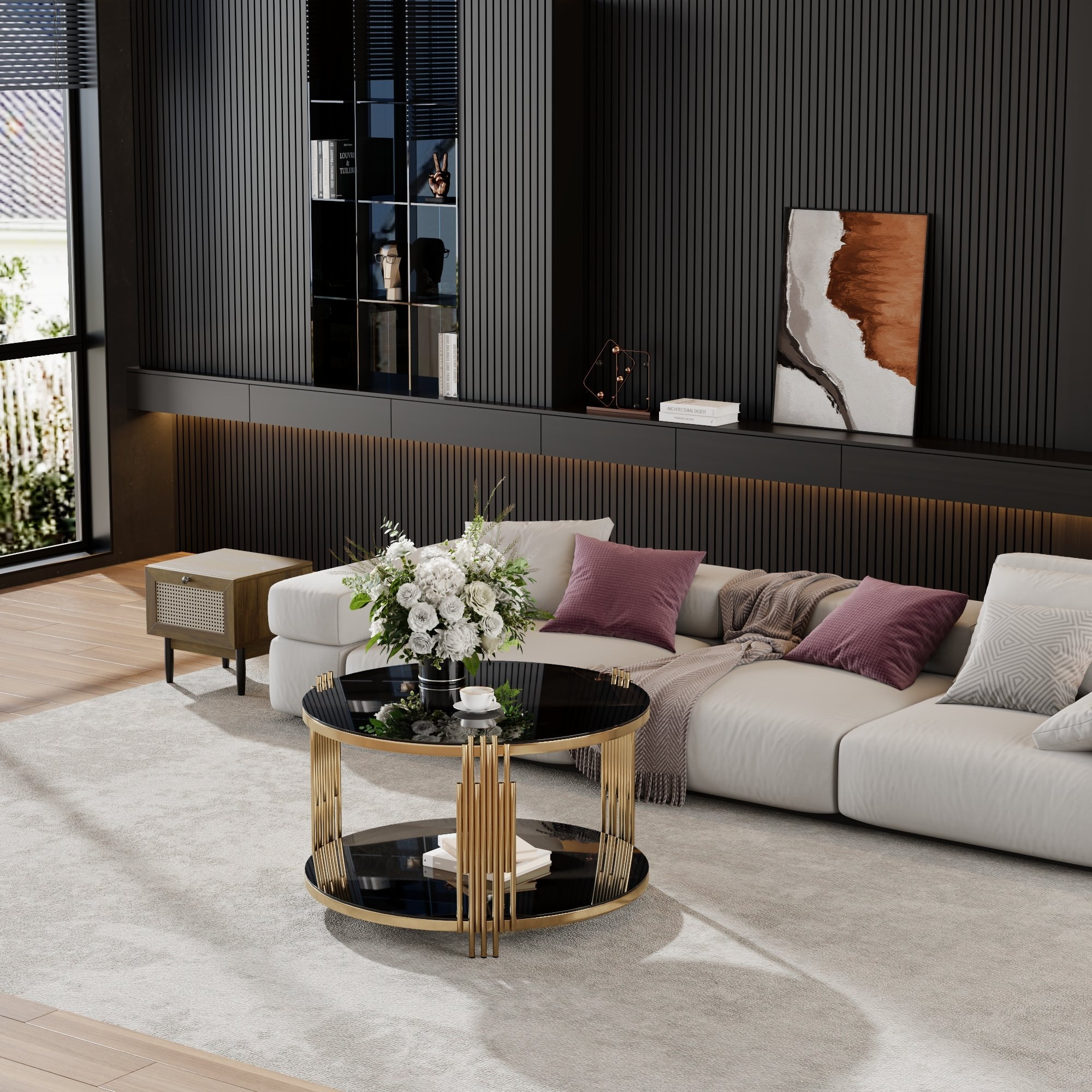 Modern Mirror Coffee Table Circular Metal Drum Base