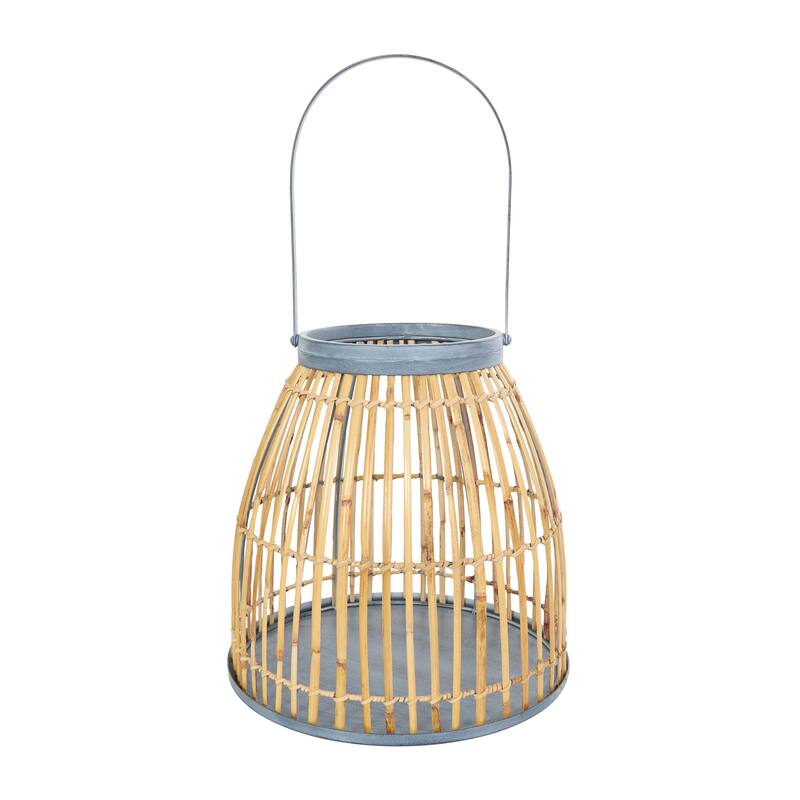 Brown Bamboo Wood Handmade Woven Open Framed Caged Style Indoor Outdoor Candle Lantern with Blue Metal Accents and Handle