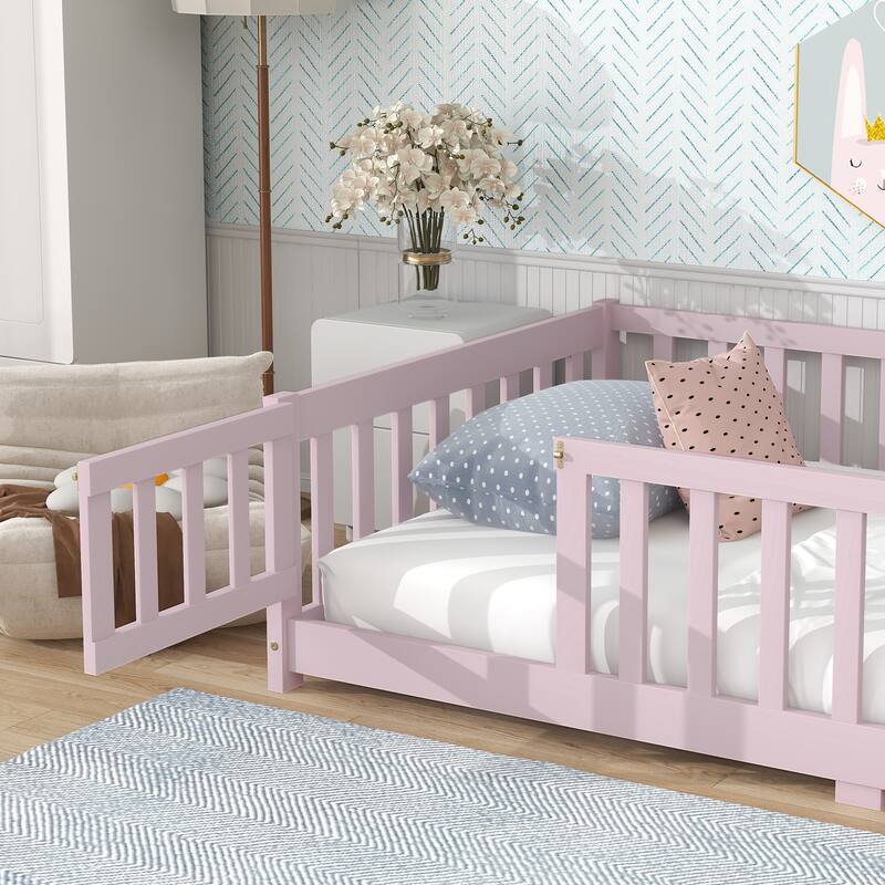 Wooden Floor Bed Frame with Slats Support, Twin Size Kids Floor Bed, Rubber Wood Twin Floor Bed Frame with Fence and Door