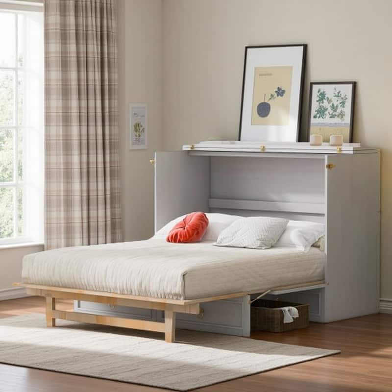Queen Wall Bed with Built-In Storage Drawers and Rattan Panel Detail, Foldable Cabinet Style Platform Frame for Space Saving - Full White - Full