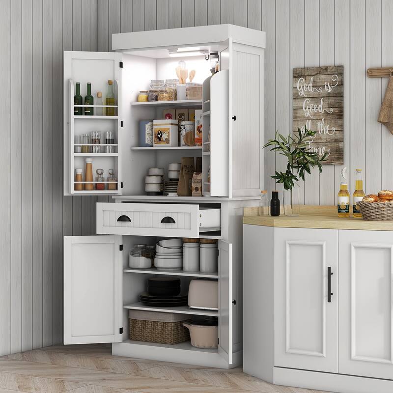 HOMCOM 71" Kitchen Pantry Cabinet with Motion Sensor Light, Tall Storage Cabinet with 6 Door Shelves - White