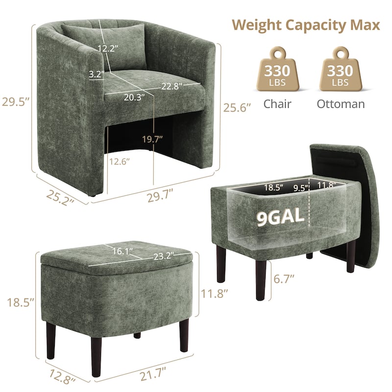 Upholstered Chenille Barrel Accent Chair With Storage Ottoman,Modern Barrel Arm Chair,Reading Chair With Ottoman For Living Room