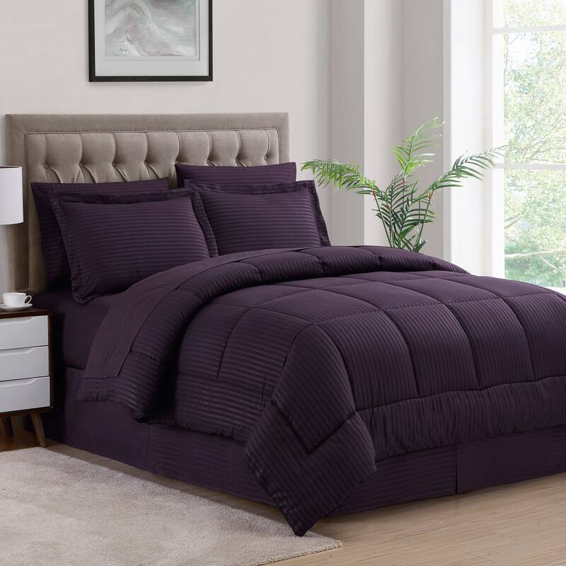 Soft Dobby 8-piece Striped Down Alternative Bed-in-a-Bag Set w/ Sheets - Eggplant - Queen