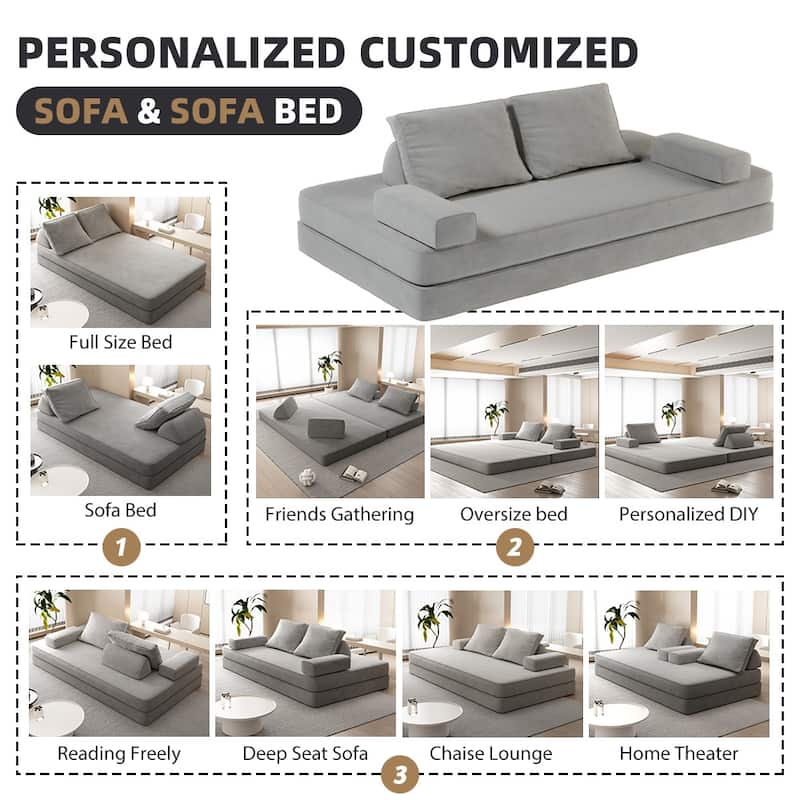 86.6" Convertible Loveseat Sofa Bed with Removable Backrests, Chenille Fabric Sleeper Sofa, Chaise Lounge, Floor Folding Couch