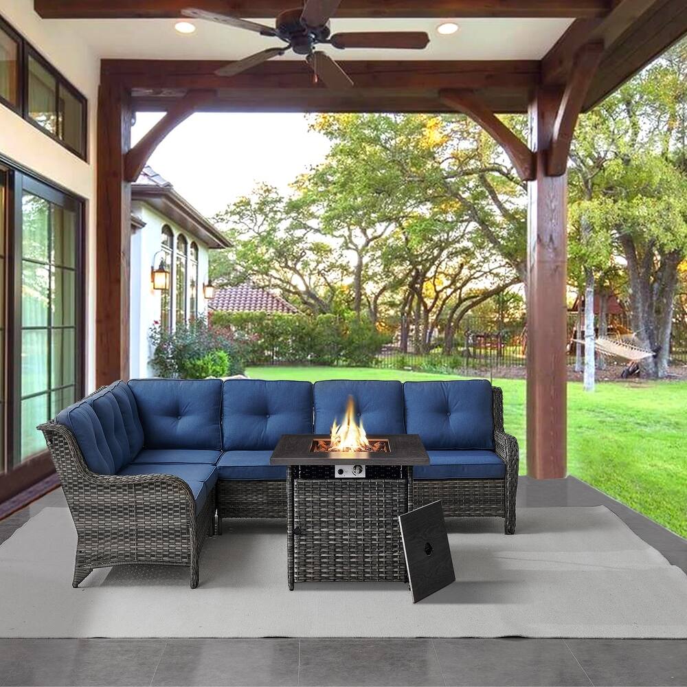 Gymojoy 2-Piece Outdoor Wicker Patio Furniture with Fire Pit and L-shaped Sectional Sofa, Coversation Set with Thick Cushions