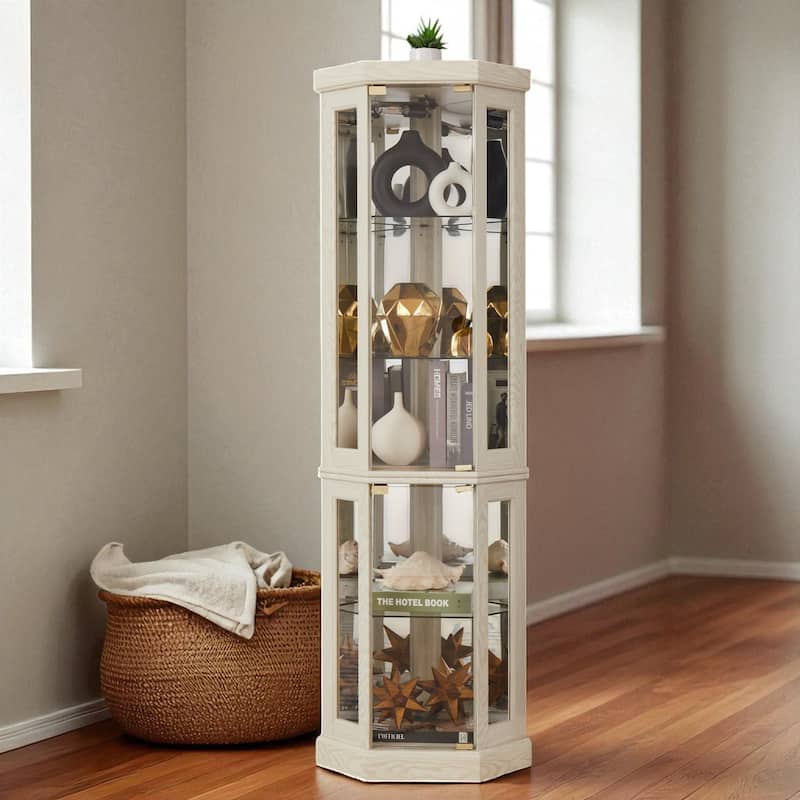 Lighted Corner Curio Cabinet with Glass Doors, Adjustable Shelves & Mirrored Back, Elegant Display Case for Collectibles