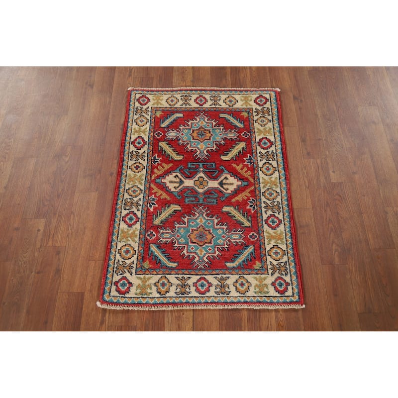 Red Geometric Kazak Oriental Accent Rug Hand-Knotted Wool Carpet - 2'0" x 2'10"