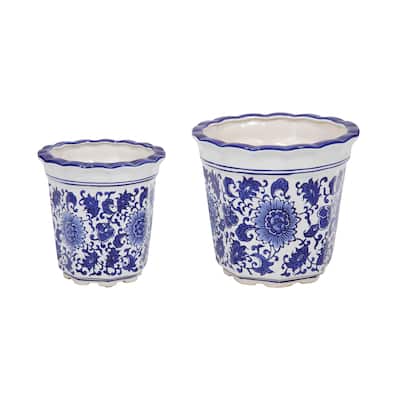 Stoneware Planters Scalloped Edge and Floral Relief Detail (Set of 2)