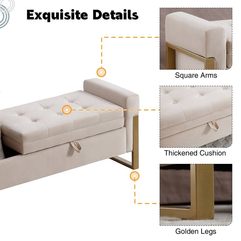 66" Storage Bench King Size End of Bed with Double Lids and Gold Legs