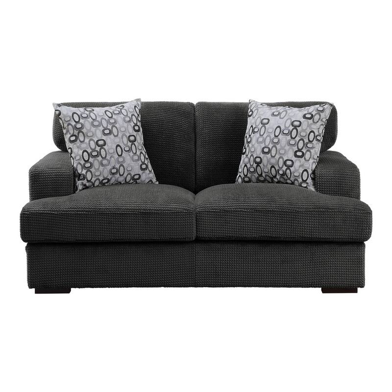 Meadow 68 Inch Loveseat, Gray Microfiber, 2 Pillows, Brown Solid Wood
