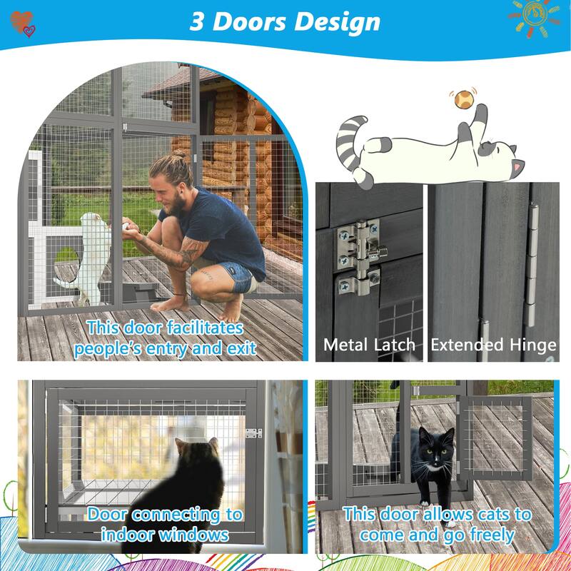 Grey Wood Outdoor Cat Cage Playpen with 7 Condos and Jumping Platforms