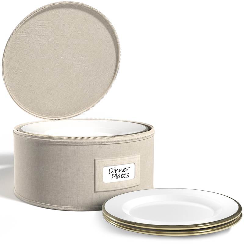 Sorbus China Storage Dinnerware Organizer for Dinner Plate with Lid (Holds Service for 12) with Felt Protectors (1 Piece) - Beige