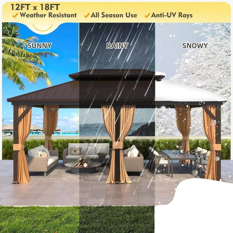 Outdoor Hardtop Gazebo w Curtains & Mesh, Double-Layer Galvanized Steel Roof, 12'x18' Aluminum Frame Outdoor Pergola w 3 Hooks